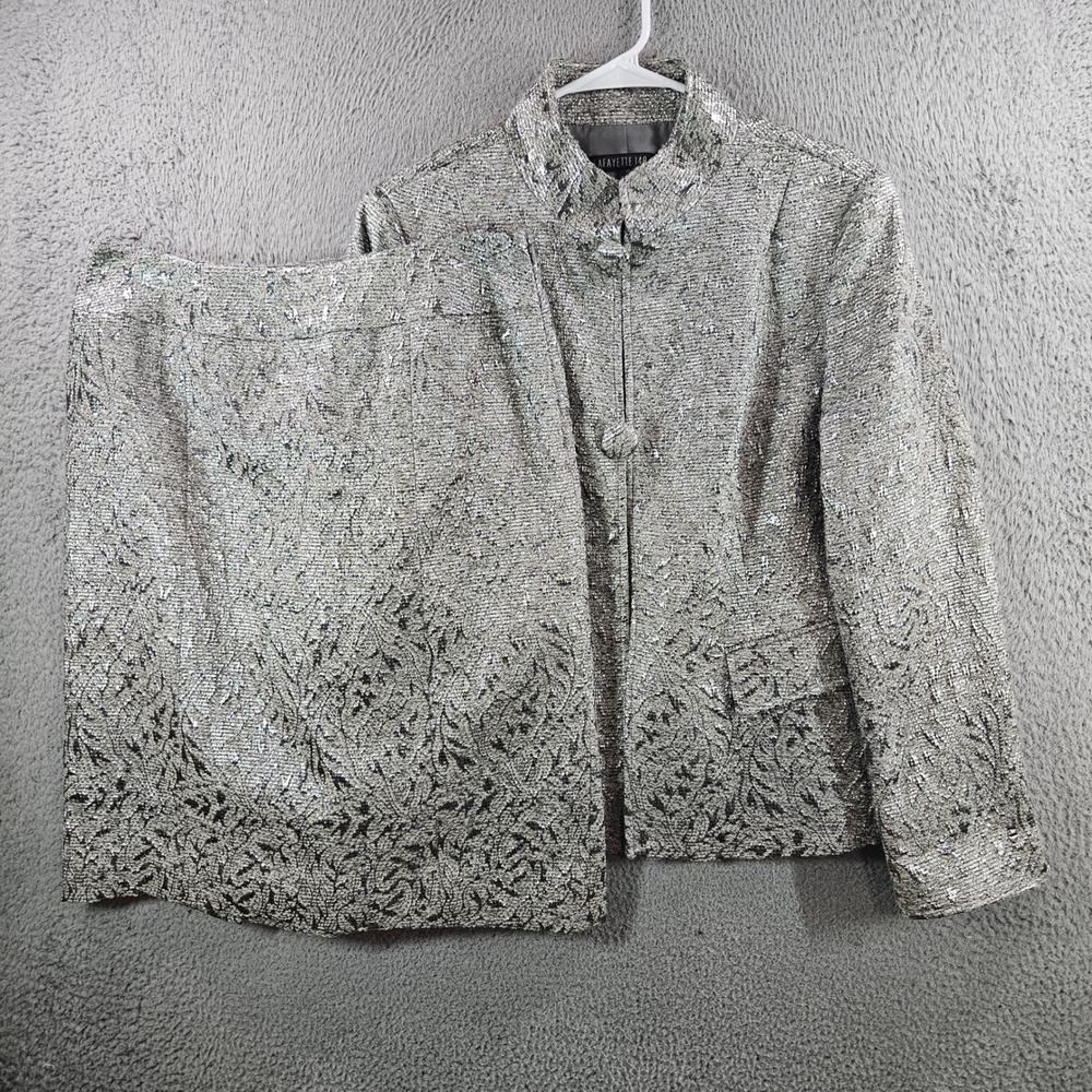 Lafayette 148 NY Silver Metallic Brocade Skirt Suit Set Wool Alpaca Floral 10